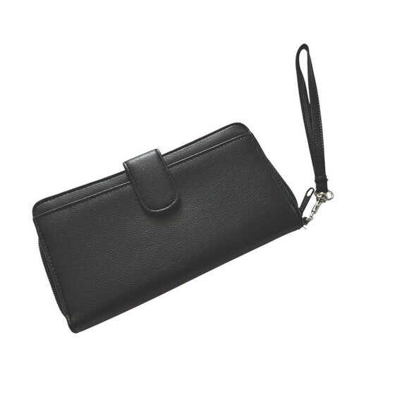 Black Faux Leather Wallet Women Wristlet Strap Multiple Card Slots Zipper Snap - Picture 1 of 15